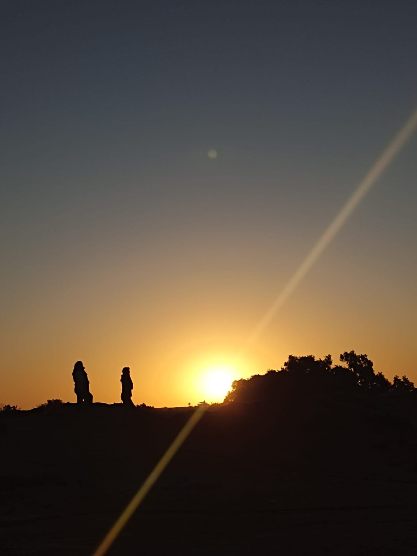 Deux silhouettes se détachant sur un coucher de soleil doré dans le désert